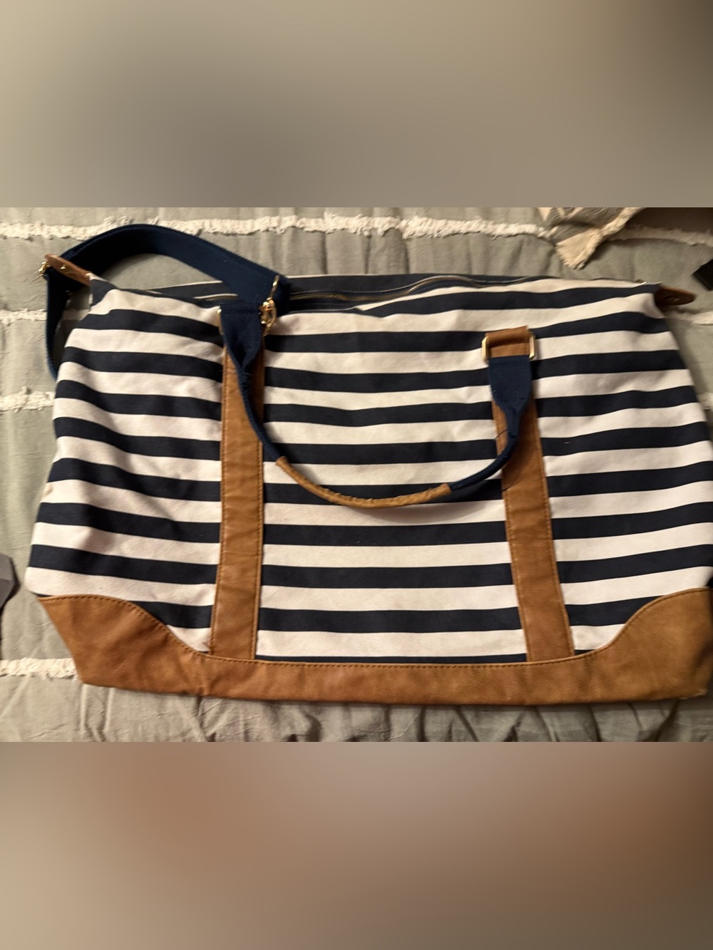 Navy & White Striped Canvas Weekender bag with Brown Trim
